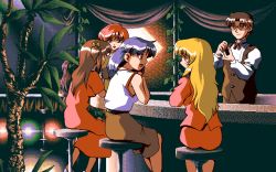 Rule 34 | 1990s (style), 2 shot diary 2, 6+girls, androgynous, bar stool, bare arms, bare shoulders, barista, blonde hair, blunt bangs, bow, bowtie, brown hair, brown skirt, brown vest, character request, dithering, dress, eye contact, feet out of frame, from behind, game cg, glasses, indoors, long hair, looking at another, may-be soft, multicolored hair, multiple girls, pants, pc98, pink hair, plant, potted plant, purple hair, red neckwear, retro artstyle, saki (2 shot diary 2), shirt, short hair, sitting, skirt, stool, tagme, vest, white shirt