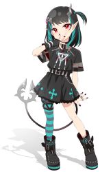 Rule 34 | 1girl, akitetsu, black dress, black footwear, black hair, blue hair, blue thighhighs, boots, closed mouth, commentary request, demon girl, demon horns, demon tail, dress, eye hair ornament, eye of providence, fang, fang out, flat chest, full body, grey thighhighs, highres, horns, looking at viewer, medium hair, multicolored hair, nanashi inc., official alternate costume, pointy ears, red eyes, shadow, shishio chris, shishio chris (3rd costume), short sleeves, side ponytail, simple background, single thighhigh, smile, solo, standing, striped clothes, striped thighhighs, sugar lyric, tail, thighhighs, two-tone hair, virtual youtuber, white background