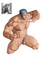 Rule 34 | 1boy, bara, beard, blue hair, clenched teeth, completely nude, facial hair, fire emblem, fire emblem: path of radiance, highres, large pectorals, male focus, male pubic hair, mordecai (fire emblem), muscular, muscular male, my eight, navel, nintendo, nipples, nude, pectorals, penis, photo-referenced, pubic hair, short hair, simple background, solo, teeth, testicles, white background