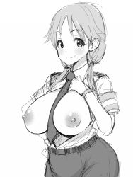 Rule 34 | 1girl, bad id, bad pixiv id, between breasts, blush, breast suppress, breasts, breasts out, glands of montgomery, greyscale, idolmaster, katagiri sanae, large breasts, long hair, looking at viewer, low twintails, monochrome, necktie, nipples, open clothes, open shirt, poin (hidsuki), simple background, smile, solo, tagme, twintails, white background