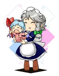 Rule 34 | 2girls, :&gt;, apron, baby, bad id, bad pixiv id, blue dress, blue hair, blush stickers, braid, carrying, dress, closed eyes, fang, hair ribbon, izayoi sakuya, juliet sleeves, kingguyver, long sleeves, maid, maid apron, maid headdress, multiple girls, onesie, open mouth, polearm, puffy sleeves, remilia scarlet, ribbon, romper, silver hair, smile, spear, touhou, twin braids, waist apron, weapon, aged down