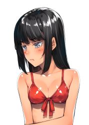 Rule 34 | 1girl, :i, bare shoulders, bikini, black hair, blue bikini, blue eyes, blush, breasts, cleavage, closed mouth, commentary request, embarrassed, h kasei, long hair, looking away, medium breasts, original, pout, red ribbon, ribbon, simple background, solo, swimsuit, upper body, white background