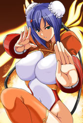 Rule 34 | 1girl, android, aq interactive, arcana heart, armor, atlus, blue hair, bodysuit, breasts, bun cover, cable, chinese clothes, covered erect nipples, covered navel, cowboy shot, double bun, examu, fighting stance, frills, green eyes, groin, hair bun, hair ornament, hairclip, highleg, highleg leotard, huge breasts, impossible clothes, impossible leotard, large breasts, leg lift, leotard, looking at viewer, mei-fang, orange thighhighs, parted bangs, parted lips, puffy sleeves, serious, short hair, shrug (clothing), solo, thighhighs, turtleneck, vambraces, yasakani an
