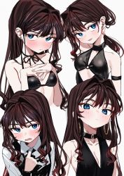 Rule 34 | 1girl, :/, arm behind head, arm garter, arm up, bare arms, bare shoulders, bikini, black bikini, black choker, blue eyes, blush, breast suppress, breasts, brown hair, choker, cleavage, closed mouth, clothing cutout, collarbone, collared shirt, cropped torso, d:, earrings, elisia valfelto, expressionless, eyebrows, eyebrows hidden by hair, eyeliner, film grain, fingernails, grey background, hair behind ear, hair intakes, halterneck, hand on own neck, hand up, hands up, head tilt, highres, hoop earrings, jewelry, long hair, long sleeves, looking at viewer, looking down, looking to the side, luicent, makeup, multiple views, nail polish, open mouth, original, own hands clasped, own hands together, parted lips, pink nails, red eyeliner, shirt, simple background, sleeveless, small breasts, stud earrings, sweat, swimsuit, thick eyebrows, tsurime, upper body, white shirt, wing collar