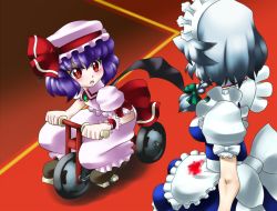 Rule 34 | 2girls, bat wings, blood, blood on clothes, blue dress, blue hair, blush, braid, child, dress, fang, female focus, hat, izayoi sakuya, maid, multiple girls, nosebleed, open mouth, pink dress, raionsan, red eyes, remilia scarlet, silver hair, touhou, tricycle, wings