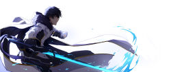 Rule 34 | 1boy, absurdres, black gloves, black hair, coat, cowboy shot, elsword, fur trim, furious blade (elsword), gloves, highres, holding, holding sword, holding weapon, hood, looking away, male focus, profile, raven cronwell, simple background, solo, sword, weapon, white background, white coat, yellow eyes, yumuto (spring1786)