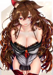 Rule 34 | 1girl, animal ears, bare shoulders, black bra, bra, breasts, brooch, brown hair, cleavage, clothes pull, collarbone, covering crotch, covering privates, grey shirt, hair between eyes, houdukixx, imaizumi kagerou, jewelry, large breasts, long hair, long sleeves, looking at viewer, own hands together, red eyes, red skirt, shirt, skirt, skirt pull, solo, standing, sweat, tongue, tongue out, touhou, underwear, very long hair, wavy hair, wolf ears