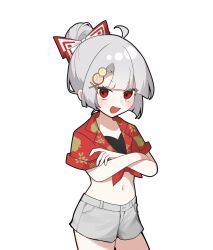 Rule 34 | 1girl, :d, ahoge, alternate costume, alternate hairstyle, bikini, bikini top only, bow, commentary request, cowboy shot, food, fruit, fruit hair ornament, fujiwara no mokou, grey hair, grey shorts, hair bow, hair ornament, hair up, hawaiian shirt, highres, lemon, lemon slice, looking at viewer, midriff, mokou cooking, navel, open mouth, red bow, red eyes, red shirt, shirt, short sleeves, shorts, simple background, smile, solo, swimsuit, tied shirt, touhou, two-tone bow, white background, white bow, x hair ornament