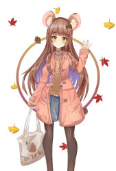 Rule 34 | 1girl, absurdres, animal ears, bag, black bow, black pantyhose, blue skirt, blunt bangs, blush, bow, brown hair, coat, green eyes, hair bow, highres, holding, holding bag, kiwi1358, long hair, looking at viewer, miniskirt, multicolored hair, open clothes, open coat, original, pantyhose, pink coat, pleated skirt, purple hair, simple background, skirt, smile, solo, squirrel ears, standing, sweater, two-tone hair, very long hair, white background
