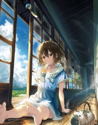 Rule 34 | 1girl, akamoku, arm support, barefoot, blue dress, blush, brown eyes, brown hair, cloud, commentary request, day, dress, feet, flower, hair between eyes, highres, indoors, kayari buta, looking at viewer, mosquito coil, mouth hold, original, short hair, short sleeves, sitting, sky, soles, summer, sunflower, toes, towel, towel around neck, twitter username, wind chime, wooden floor