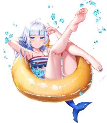 Rule 34 | 1girl, ahoge, arm up, armpits, barefoot, bikini, blue eyes, blue nails, blunt bangs, blurry, blush, closed mouth, collarbone, commentary, ebi-chan (gawr gura), english commentary, feet, fins, fish tail, flat chest, frills, gawr gura, grey hair, hand up, highres, holding, hololive, hololive english, innertube, knee up, koukie, leg up, legs, lens flare, long hair, looking at viewer, multicolored hair, nail polish, shark girl, shark tail, shiny skin, shrimp, smile, soles, solo, splashing, streaked hair, striped bikini, striped clothes, swim ring, swimsuit, tail, toenail polish, toenails, toes, transparent background, virtual youtuber, water