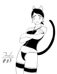 Rule 34 | 1girl, animal ears, black hair, blush, breasts, cat ears, cat tail, collarbone, dazol, earrings, embarrassed, fake animal ears, fake tail, fingernails, greyscale, hair ornament, jewelry, leather, lineart, looking away, monochrome, nail, nail polish, original, panties, short hair, shy, simple background, small breasts, solo, sweat, tail, thighhighs, trembling, underwear, worried