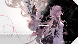 Rule 34 | 2girls, absurdres, arknights, black dress, chinese commentary, clone, closed eyes, closed mouth, commentary request, demon horns, dress, female focus, floating hair, frilled sleeves, frills, highres, horns, long hair, long sleeves, looking at viewer, material growth, multiple girls, oripathy lesion (arknights), parted lips, pink eyes, pink hair, rotational symmetry, sixii, string, theresa (arknights), two-tone dress, very long hair, weibo logo, weibo watermark, white dress