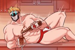 Rule 34 | 1boy, abs, bara, blonde hair, broad shoulders, bulge, canadian flag print, cup, drinking glass, falling, feet out of frame, highres, indie virtual youtuber, kitchen, large pectorals, looking to the side, lying, male focus, male underwear, maple syrup, mask, masked himbo (silvyspark), muscular, muscular male, navel, nipples, on side, pectorals, photo-referenced, pouring, red male underwear, scruffyturtles, second-party source, short hair, solo, sparkle, speed lines, stomach, thick thighs, thighs, topless male, underwear, virtual youtuber, wine glass
