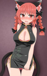 Rule 34 | 1girl, alternate costume, animal ear fluff, animal ears, arm behind back, bare shoulders, black bow, black dress, blush, bow, bra, braid, breasts, brown background, cat ears, cat tail, china dress, chinese clothes, chups, cleavage, cleavage cutout, clothing cutout, collarbone, commentary request, cowboy shot, d:, dress, dress grab, embarrassed, extra ears, fang, floral print, gluteal fold, gold trim, gradient background, hair bow, hair ribbon, highres, kaenbyou rin, lace, lace-trimmed bra, lace trim, large breasts, long hair, looking at viewer, multiple tails, nekomata, nose blush, open mouth, panties, red bra, red eyes, red hair, red panties, ribbon, side-tie panties, simple background, solo, standing, sweat, tail, tearing up, touhou, tress ribbon, twin braids, twintails, two tails, underwear, wavy mouth