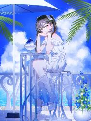 Rule 34 | 1girl, asymmetrical bangs, bare shoulders, black hair, blue eyes, blue flower, blue sky, blue theme, bright pupils, closed mouth, cloud, cloudy sky, commentary, day, dress, flower, food, full body, genshin impact, haragaita i, head rest, highres, long hair, looking at viewer, mona (genshin impact), ocean, off-shoulder dress, off shoulder, outdoors, railing, shaved ice, sitting, sky, smile, solo, sparkle, star (symbol), stool, symbol-only commentary, twintails, umbrella, white dress, white footwear, white umbrella