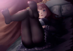 Rule 34 | 1girl, absurdres, assault lily, bed, black skirt, blue eyes, blunt bangs, blurry, blurry background, breasts, brown hair, brown pantyhose, clothes lift, commentary, cropped jacket, curtains, depth of field, dutch angle, floral print, frilled skirt, frills, full body, hand on own stomach, high-waist skirt, highres, indoors, juliet sleeves, kaede johan nouvel, kashinoshi, knees together feet apart, large breasts, legs up, long hair, long sleeves, looking at viewer, lying, no shoes, on back, on bed, pantyhose, parted lips, pillow, print pillow, puffy sleeves, school uniform, shade, shirt, skirt, skirt lift, soles, solo, upskirt, wavy hair, white shirt, yurigaoka girls academy school uniform