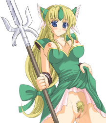Rule 34 | 1girl, blonde hair, blush, breasts, censored, clothes lift, female pubic hair, large breasts, lifting own clothes, mosaic censoring, polearm, pubic hair, pussy, ribbon, riesz, seiken densetsu, seiken densetsu 3, skirt, skirt lift, solo, spear, weapon