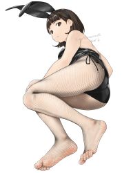 Rule 34 | 1girl, absurdres, animal ears, armpit crease, ass, bare shoulders, black hairband, black leotard, blunt bangs, breasts, brown eyes, brown hair, closed mouth, fake animal ears, feet, fishnet pantyhose, fishnets, foreshortening, from behind, full body, hairband, highres, knees together feet apart, legs, leotard, looking at viewer, lying, mbr90munouk, medium breasts, medium hair, no shoes, on side, original, pantyhose, playboy bunny, signature, simple background, soles, solo, strapless, strapless leotard, thighs, toenails, toes, twitter username, white background