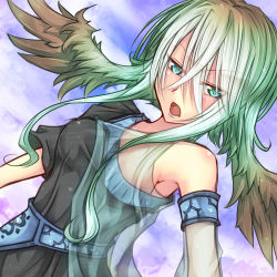 1girl breasts female_focus green_eyes green_hair head_wings long_hair matching_hair/eyes open_mouth original shintani_tsushiya solo wings