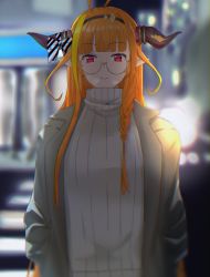 Rule 34 | 1girl, absurdres, ahoge, alternate costume, black bow, black hairband, blonde hair, blunt bangs, blush, bow, bowtie, braid, breath, bright pupils, bureoeve, coat, cold, commentary request, diagonal-striped bow, dragon girl, dragon horns, glasses, gradient eyes, hair ornament, hairband, hand in pocket, highres, hololive, horn bow, horn ornament, horns, kiryu coco, lips, long hair, looking at viewer, multicolored bow, multicolored eyes, multicolored hair, night, open clothes, open coat, open mouth, orange hair, parted lips, pointy ears, purple eyes, red eyes, ribbed sweater, round eyewear, side braid, single braid, solo, streaked hair, striped, sweater, upper body, virtual youtuber, white bow, winter clothes, winter coat