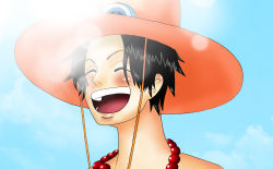 Rule 34 | 1boy, blue sky, freckles, hat, highres, jewelry, male focus, necklace, one piece, open mouth, portgas d. ace, topless male, sky, smile, solo, stampede string, trafargar low