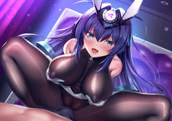 Rule 34 | 1boy, 1girl, azur lane, blue eyes, bodystocking, breasts, bulge, cameltoe, cleft of venus, coat, coat on shoulders, commentary, covered collarbone, covered navel, erection, erection under clothes, girl on top, grabbing, grabbing own breast, iro ame (amewaagada), large breasts, looking at viewer, male underwear, new jersey (azur lane), nipples, pov, purple hair, see-through, skin tight, solo focus, sparkle, teasing, underwear