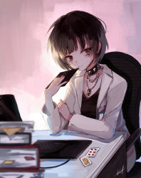 Rule 34 | 10s, 1girl, black hair, blurry, chair, choker, coat, computer, depth of field, desk, hyde (hai-do), jewelry, keyboard (computer), long sleeves, looking at viewer, looking to the side, nail polish, necklace, office, office chair, office lady, persona, persona 5, red eyes, short hair, simple background, sitting, swivel chair, takemi tae, upper body