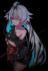 Rule 34 | 1girl, ahoge, black shorts, blood, blue eyes, blue hair, breast hold, breasts, colored inner hair, female focus, grey hair, guro, injury, intestines, long hair, looking at viewer, multicolored hair, one eye closed, original, parted lips, short shorts, shorts, single bare shoulder, solo, strap slip, yorinoa