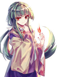 Rule 34 | 1girl, akinomiya asuka, blunt bangs, bright pupils, closed mouth, colored eyelashes, commentary request, cowboy shot, detached sleeves, fire, hair intakes, hair ribbon, japanese clothes, kariginu, kimono, long hair, long sleeves, low ponytail, mystical power plant, original, ponytail, purple kimono, red eyes, red nails, ribbon, simple background, smile, solo, suitokuin tenmu, touhou, white background, white pupils, white ribbon, wide sleeves