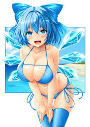 Rule 34 | 1girl, bare shoulders, beach, bikini, blue bikini, blue eyes, blue hair, blue sky, blue thighhighs, blush, breasts, cirno, cleavage, cloud, collarbone, commentary, commission, crystal wings, hair ribbon, hand on own leg, highres, kamiya tomoe, large breasts, leaning forward, light blue hair, looking at viewer, medium hair, midriff, navel, ocean, open mouth, pixiv commission, redrawn, ribbon, side-tie bikini bottom, sidelocks, sky, swimsuit, thighhighs, touhou