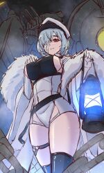 Rule 34 | azur lane, bandage over one eye, bandages, black thighhighs, blue hair, bodysuit, boots, breasts, chain, clothing cutout, coat, covered navel, from below, fur-trimmed coat, fur coat, fur trim, hat, holding, holding lantern, kuybyshev (azur lane), lantern, large breasts, light smile, long sleeves, looking at viewer, o-ring strap, open clothes, open coat, parted lips, peaked cap, red eyes, rigging, short hair, sideboob, strap, thigh cutout, thighhighs, thighs, unfinished, upper body, waa! okami, white headwear