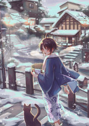 Rule 34 | 1girl, :o, ahoge, androgynous, bare tree, black cat, blue kimono, brown eyes, brown hair, bucket, building, cat, commentary request, door, facing viewer, geta, highres, holding, holding bucket, house, japanese clothes, kimono, lamppost, lights, open mouth, original, print kimono, railing, short hair, sidelocks, sign, snow, snowing, solo focus, stairs, steam, suzaku (zaku6584), towel, towel around neck, tree, walking, window, winter, wooden bucket