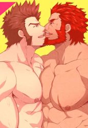 Rule 34 | 2boys, abs, bara, beard, blue eyes, breasts, brown hair, cleavage, facial hair, fate/grand order, fate (series), highres, iskandar (fate), kiss, large pectorals, long sideburns, looking at another, male focus, mazjojo, multiple boys, muscular, napoleon bonaparte (fate), nipples, open mouth, pectoral docking, pectoral press, pectorals, red hair, scar, topless male, simple background, smile, upper body, veins, yaoi