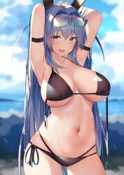 Rule 34 | 1girl, absurdres, alternate costume, animal ears, armband, armpits, arms behind head, arms up, azur lane, bikini, black bikini, blue eyes, blue hair, blue sky, blurry, blurry background, breasts, breasts apart, chromatic aberration, cloud, commentary, crossed bangs, day, eyes visible through hair, eyewear on head, hair between eyes, hair intakes, highres, large breasts, long hair, looking at viewer, navel, new jersey (azur lane), open mouth, outdoors, rabbit ears, sidelocks, sky, smile, solo, stomach, sunglasses, swimsuit, u ronnta, very long hair