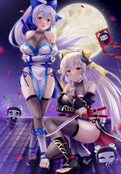 Rule 34 | 2girls, alternate costume, black kimono, blue bow, bow, breasts, detached sleeves, fate/grand order, fate (series), fishnet thighhighs, fishnets, full moon, grey hair, hair between eyes, hair bow, high ponytail, highres, holding, holding sword, holding weapon, japanese clothes, kimono, kiyohime (fate), kiyohime (third ascension) (fate), large breasts, long hair, moon, multiple girls, night, night sky, ninja, panties, pelvic curtain, ponytail, red eyes, rooftop, scabbard, sheath, sheathed, side-tie panties, sky, suzumia (daydream), sword, thighhighs, tomoe gozen (fate), underwear, weapon, white kimono, yellow bow