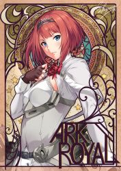 Rule 34 | 1girl, ark royal (kancolle), art nouveau, belt, belt buckle, blue eyes, bob cut, breasts, brown gloves, buckle, character name, cleavage, cleavage cutout, clothing cutout, corset, fingerless gloves, flower, gloves, hairband, half gloves, kantai collection, long sleeves, red flower, red hair, red ribbon, red rose, ribbon, rose, sakiyamama, short hair, simple background, solo, tiara, white corset