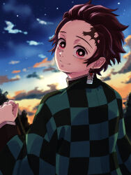 Rule 34 | 1boy, bright pupils, checkered haori, closed mouth, cloud, hanafuda earrings, haori, highres, japanese clothes, kamado tanjirou, kimetsu no yaiba, looking at viewer, male focus, r1014-chopper, red eyes, red hair, scar, scar on face, scar on forehead, short hair, sky, smile, solo, star (sky), sunrise, upper body, white pupils