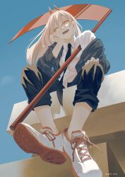 Rule 34 | 1girl, absurdres, black jacket, black pants, blue sky, chainsaw man, collared shirt, commentary request, day, demon girl, demon horns, from below, highres, holding, holding scythe, horns, ice morinaka, jacket, japan, looking at viewer, necktie, on roof, open clothes, open mouth, outdoors, pale skin, pants, power (chainsaw man), rooftop, scythe, sharp teeth, shirt, shoes, sitting, sky, sneakers, solo, teeth, white footwear, white shirt, yellow eyes