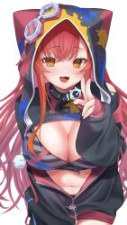 Rule 34 | 1girl, :3, absurdres, black jacket, breasts, cleavage, collar, cowboy shot, crop top, fingernails, goggles, goggles on head, highres, hood, jacket, large breasts, light blush, long hair, looking at viewer, navel, nekota tsuna, nekota tsuna (1st costume), open mouth, orange eyes, partially unzipped, red hair, roni dayo, simple background, smile, solo, v, very long hair, virtual youtuber, vspo!, white background