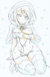 Rule 34 | 1girl, absurdres, arm support, bell, bikini, blush, boots, breasts, capelet, christmas, closed mouth, color trace, colored pencil (medium), commentary, covering privates, covering breasts, embarrassed, frown, fur-trimmed capelet, fur-trimmed gloves, fur trim, girls und panzer, gloves, groin, high heel boots, high heels, highres, hood, hood up, hooded capelet, kitazinger, kneeling, large breasts, leaning back, long hair, looking at viewer, mika (girls und panzer), navel, o-ring, o-ring bikini, red capelet, red gloves, swimsuit, thigh boots, thighhighs, torn bikini, torn clothes, traditional media, wardrobe malfunction, white bikini, white footwear
