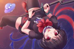 Rule 34 | 1girl, :p, asymmetrical wings, black dress, black hair, black thighhighs, blush, bow, bowtie, breasts, dress, frills, holding, holding weapon, houjuu nue, looking at viewer, lzh, medium breasts, polearm, red bow, red bowtie, red eyes, short dress, short hair, smile, snake, solo, thighhighs, tongue, tongue out, touhou, trident, ufo, upside-down, weapon, wings, zettai ryouiki