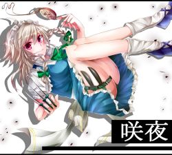 1girl bad_id bad_pixiv_id character_name clock female_focus holster izayoi_sakuya knife maid_headdress red_eyes rukito silver_hair solo thigh_holster thighs touhou