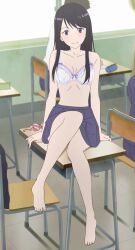 Rule 34 | 1girl, absurdres, barefoot, bra, classroom, desk, fragtime, highres, looking at viewer, murakami haruka, on desk, screencap, sitting, on desk, smile, solo, stitched, third-party edit, underwear