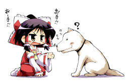 Rule 34 | 1girl, chibi, dog, female focus, hakurei reimu, herada mitsuru, solo, touhou, translated, white background