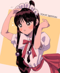 Rule 34 | 1girl, ace attorney, blunt bangs, brown eyes, brown hair, closed mouth, frills, hair ornament, hand in own hair, highres, long hair, maid headdress, maya fey, neck ribbon, official alternate costume, omen hohoho, parted bangs, puffy short sleeves, puffy sleeves, red ribbon, ribbon, short sleeves, sidelocks, solo