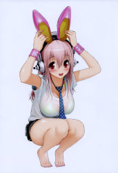 Rule 34 | 1girl, :d, absurdres, animal ears, arms up, bad id, bad yandere id, barefoot, breasts, cleavage, fake animal ears, feet, headphones, highres, large breasts, long hair, looking at viewer, nail polish, necktie, nitroplus, object on head, open mouth, pink hair, polka dot, rabbit ears, red eyes, scan, see-through, shirt, shoe on head, shoes, unworn shoes, short shorts, shorts, smile, solo, squatting, super sonico, tiptoes, toenail polish, toenails, toes, tsuji santa, white shirt, wristband