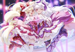 Rule 34 | 2girls, :d, aisaki emiru, blonde hair, boots, bow, cure amour, cure macherie, dress, earrings, eyelashes, frills, gloves, hair ornament, hair ribbon, happy, heart, heart hands, highres, hugtto! precure, jewelry, jumping, long hair, multiple girls, one eye closed, open mouth, pom pom (clothes), pom pom earrings, precure, purple dress, purple eyes, purple footwear, purple hair, purple ribbon, red dress, red eyes, red footwear, red lips, red ribbon, ribbon, ruru amour, smile, sparkle, takahashi hizumi, thighhighs, twintails, white gloves