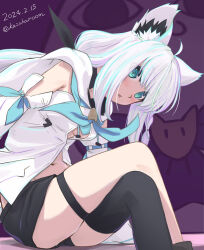 Rule 34 | 1girl, absurdres, ahoge, animal ear fluff, animal ears, black shorts, black thighhighs, blue eyes, blue neckerchief, braid, breasts, commentary request, crossed legs, dated, detached sleeves, fox ears, fox girl, haruyama kazunori, highres, hololive, long hair, looking at viewer, medium breasts, navel, neckerchief, shirakami fubuki, shirakami fubuki (1st costume), shorts, single braid, sitting, solo, thigh strap, thighhighs, twitter username, virtual youtuber, white hair, white sleeves