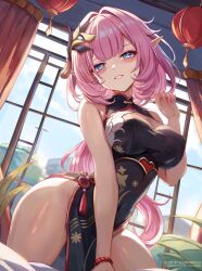 Rule 34 | 1girl, bare arms, bare shoulders, black dress, blue eyes, blush, breasts, china dress, chinese clothes, commentary, dress, elysia (honkai impact), grin, hair intakes, hair ornament, highres, honkai (series), honkai impact 3rd, indoors, kneeling, large breasts, leonmandala, long hair, looking at viewer, pink hair, pointy ears, sleeveless, sleeveless dress, smile, solo, thighs, very long hair